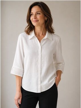 LAURA 100% Linen White 3/4 Sleeve Button Front Blouse Embroidered Sleeve Cuffs L